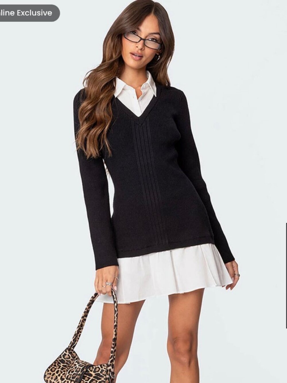 Edikted Two in One Collared Sweater Dress Black White Ribbed Knit Mini Academia
